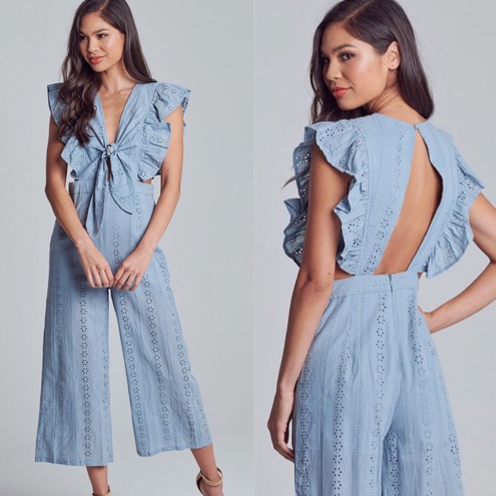 NEW! Ruffle Sleeve Open Back Empire Waist Jumpsuit - Picture 6 of 7